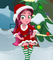 Size: 1920x2160 | Tagged: artist needed, safe, gloriosa daisy, human, equestria girls, g4, belt, bow, breasts, busty gloriosa daisy, christmas, christmas ornament, christmas tree, cleavage, clothes, costume, decoration, freckles, hand on hip, hat, holiday, looking at you, outdoors, reasonably sized breasts, santa costume, santa hat, smiling, smiling at you, snow, socks, stockings, striped socks, thigh highs, tree