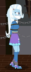 Size: 587x1334 | Tagged: safe, artist:robukun, trixie, human, equestria girls, g4, ankle chain, arm behind back, bondage, bondage mitts, bound and gagged, chains, cloth gag, collar, gag, indoors