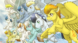 Size: 2148x1200 | Tagged: safe, artist:inuhoshi-to-darkpen, blaze, fire streak, fleetfoot, high winds, lightning streak, misty fly, silver lining, silver zoom, soarin', spitfire, surprise (g4), wave chill, pegasus, pony, g4, feathered fetlocks, female, flying, group, male, mare, patreon, patreon logo, smiling, spread wings, stallion, unshorn fetlocks, wings, wonderbolts