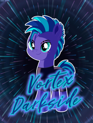 Size: 3800x5000 | Tagged: safe, artist:codenamekid, oc, oc only, oc:vortex darkside, pony, unicorn, g4, broken horn, complex background, horn, looking at you, male, shading, smiling, smiling at you, solo, spandex, stallion, stallion oc, text, vortex