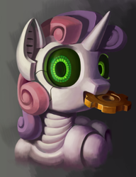 Size: 2147x2792 | Tagged: safe, artist:draconidsmxz, sweetie belle, pony, robot, robot pony, unicorn, g4, female, filly, foal, gears, horn, mouth hold, solo, sweetie bot