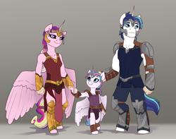 Size: 2280x1800 | Tagged: safe, artist:joan-grace, princess cadance, princess flurry heart, shining armor, alicorn, unicorn, anthro, unguligrade anthro, g4, alternate design, alternate timeline, alternate universe, armor, armored pony, bipedal, child, clothes, daughter, family, fantasy class, father and child, father and daughter, feather, female, filly, filly flurry heart, horn, male, mother, mother and child, mother and daughter, older, rebellion, ship:shiningcadance, shipping, story in the source, story included, straight, translated in the comments, warrior, warrior cadance, warrior flurry heart, warrior shining armor