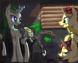 Size: 1500x1225 | Tagged: safe, artist:madhotaru, flam, flim, oc, cyborg, pony, unicorn, g4, amputee, augmented, brothers, collar, female, flim flam brothers, horn, male, mare, oscilloscope, prosthetics, siblings, stallion, trio