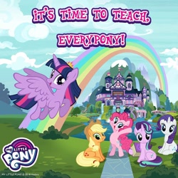 Size: 1080x1080 | Tagged: safe, gameloft, applejack, pinkie pie, rarity, starlight glimmer, twilight sparkle, alicorn, earth pony, pony, unicorn, g4, bipedal, horn, my little pony logo, outdoors, rainbow, school of friendship, twilight sparkle (alicorn)