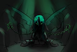 Size: 1200x811 | Tagged: safe, artist:underpable, queen chrysalis, changeling, changeling queen, g4, bondage, broken horn, chained, chains, female, holes, horn, mare, prison, prisoner, solo