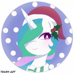 Size: 2028x2048 | Tagged: safe, artist:eltrash_art6, princess celestia, alicorn, pony, g4, blushing, christmas, clothes, cute, cutelestia, eyeshadow, female, hat, holiday, holly, icon, makeup, mare, santa hat, scarf, snow, solo, white pupils