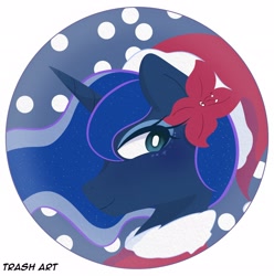 Size: 2028x2048 | Tagged: safe, artist:eltrash_art6, princess luna, alicorn, pony, g4, christmas, clothes, coat, cute, eyeshadow, female, flower, flower in hair, hat, holiday, icon, lunabetes, makeup, mare, santa hat, snow, solo, white pupils