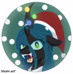 Size: 2028x2048 | Tagged: safe, artist:eltrash_art6, queen chrysalis, changeling, changeling queen, g4, angry, christmas, christmas changeling, christmas lights, clothes, coat, fangs, hat, holiday, icon, open mouth, santa hat, snow, solo, white pupils