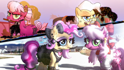 Size: 4192x2358 | Tagged: safe, artist:yourboimario, cheerilee, mayor mare, earth pony, pony, g4, alternate universe, axe, bandage, bow, clothes, cut mane, duo, ear piercing, earring, eyeshadow, female, glasses, hair bun, hairclip, high res, infection au, irl, jewelry, makeup, mare, necklace, non-dyed mayor, photo, piercing, ponies in real life, scar, survivor, torn hair, weapon