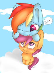 Size: 2121x2828 | Tagged: safe, artist:dbleki, rainbow dash, scootaloo, pegasus, pony, g4, :o, :p, blushing, cheek fluff, chest fluff, cloud, cute, cutealoo, dashabetes, dialogue, ear fluff, female, filly, fluffy, foal, heart, hello, leaning, lesbian, looking up, mare, one eye closed, open mouth, ponies riding ponies, pony hat, riding, riding a pony, scootaloo riding rainbow dash, scootalove, ship:scootadash, shipping, silly, sitting, sky, smiling, speech bubble, tongue out, weapons-grade cute, wink