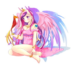 Size: 2598x2309 | Tagged: safe, artist:rurucreations, philomena, princess cadance, human, phoenix, g4, bare shoulders, barefoot, breasts, cleavage, clothes, colored pupils, cute, cutedance, feet, female, horn, horned humanization, humanized, legs, simple background, solo, strapless, white background, winged humanization, wings