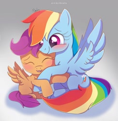 Size: 1820x1863 | Tagged: safe, artist:nnaly, rainbow dash, scootaloo, pegasus, pony, g4, backwards cutie mark, blank flank, blushing, cute, cutealoo, dashabetes, duo, eyes closed, female, filly, foal, hug, mare, scootalove, signature, smiling, sparkles, sparkly eyes, wingding eyes