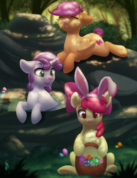 Size: 2153x2786 | Tagged: safe, artist:silentwulv, apple bloom, scootaloo, sweetie belle, earth pony, hybrid, original species, pegasus, pony, rabbit pony, unicorn, g4, basket, bucktooth, bunny ears, cute, cutie mark crusaders, dappled sunlight, easter, easter egg, egg, eyes closed, face paint, female, filly, floppy ears, foal, holiday, horn, lying down, prone, sitting, smiling, the cmc's cutie marks, trio, water