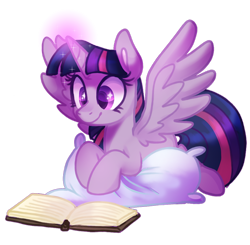 Size: 2475x2424 | Tagged: safe, artist:voraire, twilight sparkle, alicorn, pony, g4, adorkable, book, cute, dork, female, lying down, magic, mare, pillow, prone, reading, simple background, solo, spread wings, transparent background, twilight sparkle (alicorn), wings