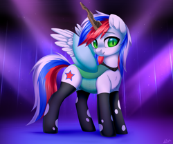 Size: 2333x1950 | Tagged: safe, artist:lina, oc, oc only, oc:marussia, pegasus, pony, changeling costume, clothes, commission, cosplay, costume, fake horn, full body, looking at you, nation ponies, russia, socks, solo, spread wings, wings