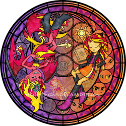 Size: 2100x2100 | Tagged: safe, artist:akili-amethyst, sunset shimmer, demon, human, equestria girls, g4, my little pony equestria girls, my little pony equestria girls: rainbow rocks, book, crown, cutie mark, disney, dive to the heart, duality, duo, eye, eyes, eyes closed, female, jewelry, kingdom hearts, regalia, sad, stained glass, sunset satan