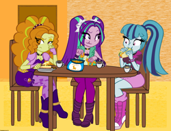 Size: 2536x1944 | Tagged: safe, artist:queentigrel, adagio dazzle, aria blaze, sonata dusk, human, equestria girls, g4, my little pony equestria girls: rainbow rocks, :t, adagio dazzle is not amused, animal crackers, boots, bread, breakfast, breasts, butter, buttered toast, cleavage, clothes, coffee, crackers, crossed legs, eating, eye clipping through hair, eyebrows, eyebrows visible through hair, female, fingerless gloves, food, frown, gloves, shoes, siblings, sisters, sitting, smiling, sonataco, table, taco, that girl sure loves tacos, that siren sure does love tacos, the dazzlings, toast, trio, unamused, wide eyes