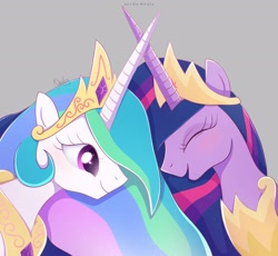 Size: 2472x2278 | Tagged: safe, artist:nnaly, princess celestia, twilight sparkle, alicorn, pony, g4, my little pony: friendship is magic, the last problem, blushing, crown, duo, eyes closed, female, gray background, jewelry, laughing, mare, older, older twilight, older twilight sparkle (alicorn), peytral, princess twilight 2.0, regalia, signature, simple background, smiling, starry eyes, twilight sparkle (alicorn), wingding eyes