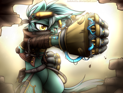 Size: 1580x1200 | Tagged: safe, artist:jadekettu, lyra heartstrings, pony, unicorn, semi-anthro, g4, belly, belly button, bipedal, broken, clothes, colored pupils, female, fist, hand, horn, mechanical hands, power fist, solo, that pony sure does love hands, wall