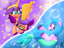 Size: 2160x1620 | Tagged: safe, artist:jesslmc16, izzy moonbow, sunny starscout, alicorn, mermaid, merpony, pony, unicorn, buried in a good book, g5, my little pony: tell your tale, bubble, duo, duo female, female, fish tail, gradient background, hat, horn, lesbian, looking at each other, looking at someone, mane stripe sunny, ocean, open mouth, race swap, raised hoof, ship:moonscout, shipping, smiling, smiling at each other, split screen, sunnycorn, swimming, tail, two sides, underwater, water, wizard, wizard hat