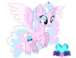 Size: 1280x990 | Tagged: safe, artist:strawberry-spritz, oc, oc only, oc:coral amore, alicorn, pony, g4, alicorn oc, base used, blaze (coat marking), blue eyes, blue hooves, braid, coat markings, colored hooves, colored wings, colored wingtips, commission, crown, eyelashes, facial markings, female, female oc, freckles, hooves, horn, jewelry, leg freckles, looking down, mare, mare oc, offspring, parent:princess cadance, parent:shining armor, parents:shiningcadance, pink coat, ponysona, rainbow freckles, regalia, smiling, solo, spread wings, tail, three quarter view, three toned mane, three toned tail, tiara, tied mane, two toned mane, two toned wings, unicorn horn, unshorn fetlocks, wavy mane, wavy tail, white wingtips, wings