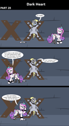 Size: 1920x3516 | Tagged: safe, artist:platinumdrop, derpy hooves, princess flurry heart, alicorn, pegasus, pony, comic:dark heart, g4, 3 panel comic, abuse, alternate timeline, bondage, bondage cross, bondage cuffs, bondage furniture, bondage gear, bound, bound wings, bound wrists, bruised, cloth gag, collar, comic, commission, crying, crystal, crystal castle, crystal empire, cuffed, cuffs, dark crystal, derpybuse, devious smile, dialogue, dungeon, evil, evil flurry heart, fear, female, flurry heart is amused, folded wings, gag, glowing, glowing horn, helpless, hopeful, horn, indoors, lie, looking at each other, looking at someone, looking at you, mare, older, older derpy hooves, older flurry heart, prisoner, punishment, restrained, shocked, slave, slave collar, smiling, smug, speech bubble, spiked collar, spiked wristband, spread eagle, spread legs, spreading, stern, surprised, teary eyes, this will not end well, victorious villain, walking, wall of tags, wings, wristband