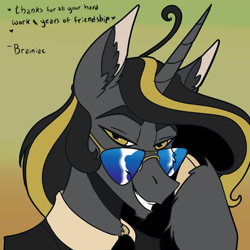 Size: 3000x3000 | Tagged: safe, artist:brainiac, oc, oc only, oc:knick knack, unicorn, aviator sunglasses, black and yellow, bust, christmas, holiday, horn, male, solo, sunglasses, text