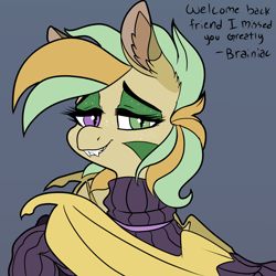 Size: 3000x3000 | Tagged: safe, artist:brainiac, oc, oc:apple crisp, bat pony, bust, christmas, female, holiday, mare, solo, text