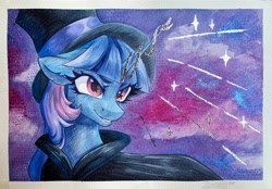 Size: 3973x2771 | Tagged: safe, artist:jsunlight, oc, oc:flawless sparklemoon, pony, unicorn, bust, fusion, fusion:trixie, fusion:twilight sparkle, fusion:twixie, horn, passepartout, signature, solo, starry eyes, traditional art, watercolor painting, wingding eyes