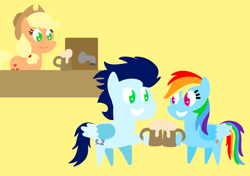 Size: 3553x2499 | Tagged: safe, anonymous artist, derpibooru exclusive, applejack, rainbow dash, soarin', pegasus, pony, series:soarindash relationship, series:soarindash romantic tales, g4, apple cider, cider, drink, female, male, mare, pointy ponies, ship:soarindash, shipping, stallion, straight