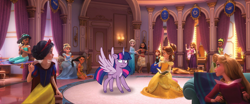 Size: 1280x535 | Tagged: safe, artist:twilightsparkle2011, twilight sparkle, alicorn, pony, g4, g5, my little pony: tell your tale, cinderella, disney, disney princess, elsa, elsa (frozen), female, frozen (movie), g4 to g5, generation leap, indoors, moana, pocahontas, princess aurora, princess belle, princess jasmine, princess tiana, rapunzel, snow white, twilight sparkle (alicorn), twilight sparkle meets the disney princesses