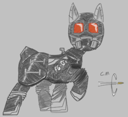 Size: 764x701 | Tagged: safe, artist:otl crafts, oc, oc only, oc:supersonic, bat pony, pony, fallout equestria, adaptive combat suit, alternate universe, armor, bullet, respirator, solo, weapon rack