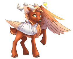 Size: 3122x2511 | Tagged: safe, artist:byefella, oc, oc:leafy skies, deer, deer pony, original species, peryton, antlers, bandage, broken bone, broken wing, cast, cloven hooves, colored hooves, colored wings, commission, deerified, freckles, hooves, injured, nonbinary, one wing out, short tail, sling, species swap, tail, wings