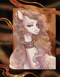 Size: 1674x2160 | Tagged: safe, artist:a-lin, oc, oc only, pegasus, pony, bust, commission, female, jewelry, looking at you, mare, solo, ych result