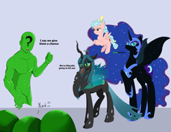 Size: 6430x5000 | Tagged: safe, artist:lillslim, cozy glow, nightmare moon, queen chrysalis, oc, oc:anon, alicorn, changeling, changeling queen, human, pegasus, pony, g4, (you), absurd resolution, dialogue, drawthread, female, filly, foal, mare, raised hoof, requested art, seductive look, text, this will end in death, tongue out