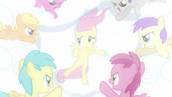 Size: 1280x720 | Tagged: safe, screencap, alula, fluttershy, mango dash, pinkie feather, pluto, rainy feather, ruby pinch, tornado bolt, pony, g4, hurricane fluttershy, my little pony: friendship is magic, female, filly, filly fluttershy, younger