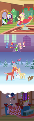 Size: 2160x7560 | Tagged: safe, anonymous artist, big macintosh, fluttershy, rarity, toe-tapper, torch song, bird, deer, earth pony, pegasus, pony, rabbit, reindeer, squirrel, unicorn, series:fm holidays, series:hearth's warming advent calendar 2024, g4, absurd resolution, advent calendar, all just a dream, alternate hairstyle, angry, animal, bed, bow, buck, chair, christmas, clothes, coat, conductor's baton, deerified, dentist chair, dentistry, doe, dress, elf costume, elf hat, fake beard, female, floppy ears, flutterdeer, fluttershy's bedroom, fluttershy's cottage, flying, group, hair bow, hat, holiday, hoof hold, horn, in bed, indoors, lineless, looking at each other, looking at someone, male, mare, meme, nuzzling, open mouth, open smile, outdoors, pointy ponies, ponytones, red nose, reindeerified, rudolph the red nosed reindeer, ship:fluttermac, shipping, short mane, singing, sitting, sleeping, smiling, smiling at each other, snow, snowfall, species swap, stallion, straight, thought bubble, why weren't you at elf practice?, winter