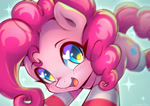 Size: 1323x935 | Tagged: safe, artist:chaosangeldesu, pinkie pie, earth pony, pony, g4, blushing, clothes, cute, female, looking at you, simple background, smiling, smiling at you, socks, solo