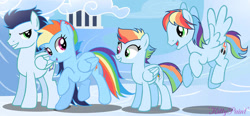 Size: 750x349 | Tagged: safe, artist:kittypaintyt, rainbow dash, soarin', oc, oc:fleeting rainbow, oc:strong rainbow, pegasus, pony, g4, cloudsdale, female, male, mare, offspring, outdoors, parent:rainbow dash, parent:soarin', parents:soarindash, ship:soarindash, shipping, stallion, straight