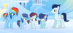 Size: 750x343 | Tagged: safe, artist:pancakeartyt, rainbow dash, soarin', pegasus, pony, g4, blind, blind eye, cloudsdale, female, filly, foal, male, mare, offspring, outdoors, parent:rainbow dash, parent:soarin', parents:soarindash, ship:soarindash, shipping, stallion, straight, triplets