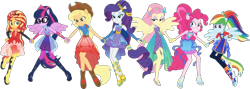 Size: 1583x565 | Tagged: safe, edit, edited screencap, editor:pascalmulokozi2, screencap, applejack, fluttershy, pinkie pie, rainbow dash, rarity, sci-twi, sunset shimmer, twilight sparkle, human, equestria girls, equestria girls specials, g4, my little pony equestria girls: better together, my little pony equestria girls: rollercoaster of friendship, applejack's hat, background removed, bare shoulders, clothes, cowboy hat, dress, female, hat, humane five, humane seven, humane six, not a vector, outfit, outfits, ponied up, rainbow power, simple background, sleeveless, sparkles, super ponied up, transparent background