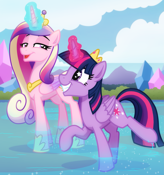 Size: 1733x1841 | Tagged: safe, alternate version, artist:whitequartztheartist, princess cadance, twilight sparkle, alicorn, pony, comic:the princess of love, g4, crown, featured image, female, glowing, glowing horn, grin, hoof shoes, horn, jewelry, looking at each other, looking at someone, magic, mare, open mouth, outdoors, partially submerged, peytral, princess shoes, regalia, smiling, sparkles, standing in water, starry eyes, style test, the princess of love test art, twilight sparkle (alicorn), water, wingding eyes