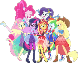 Size: 1265x1031 | Tagged: safe, edit, edited screencap, editor:pascalmulokozi2, screencap, applejack, fluttershy, pinkie pie, rainbow dash, rarity, sci-twi, sunset shimmer, twilight sparkle, human, equestria girls, equestria girls specials, g4, my little pony equestria girls: forgotten friendship, applejack's hat, bare shoulders, boots, clothes, cowboy hat, dress, female, group, group hug, happy, hat, hug, humane five, humane seven, humane six, not a vector, outfit, outfits, ponied up, rainbow power, shoes, simple background, sleeveless, smiling, transparent background