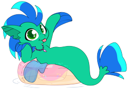 Size: 5465x3806 | Tagged: safe, artist:cutepencilcase, oc, oc only, seapony (g4), :p, commission, donut, dorsal fin, fin, fin ears, fin wings, fins, fish tail, food, inner tube, looking at you, pool toy, simple background, smiling, smiling at you, solo, tail, tongue out, transparent background, wings, ych result