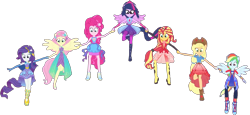 Size: 1987x915 | Tagged: safe, edit, edited screencap, editor:pascalmulokozi2, screencap, applejack, fluttershy, pinkie pie, rainbow dash, rarity, sci-twi, sunset shimmer, twilight sparkle, human, equestria girls, equestria girls specials, g4, my little pony equestria girls: forgotten friendship, applejack's hat, background removed, bare shoulders, boots, clothes, cowboy hat, hat, holding hands, humane five, humane seven, humane six, not a vector, outfit, outfits, ponied up, rainbow power, shoes, simple background, sleeveless, transparent background