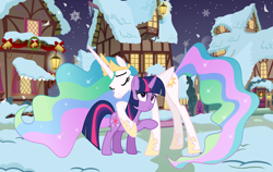 Size: 3040x1922 | Tagged: safe, artist:angellight-vectors, artist:vector-brony, editor:shieldwingarmorofgod, princess celestia, twilight sparkle, alicorn, pony, unicorn, g4, 1000 hours in paint.net, duo, duo female, female, holiday, horn, outdoors, ponyville, snow, unicorn twilight