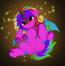 Size: 3976x3992 | Tagged: safe, artist:empress-twilight, oc, oc only, oc:bluberry twist, bat kirin, bat pony, hybrid, kirin, winged kirin, bat pony oc, belly, belly button, blue wings, blushing, cheek fluff, chest fluff, cloven hooves, colored hooves, colored horn, colored pupils, colored wings, colorful, commission, dock, dock fluff, ear fluff, eye clipping through hair, eyebrows, eyebrows visible through hair, eyelashes, facing you, featureless crotch, floppy ears, gradient background, high res, hock fluff, hoof fluff, hooves, horn, hybrid oc, kirin horn, kirin hybrid, kirin oc, leg fluff, leg markings, looking at you, lying down, multicolored mane, multicolored tail, on back, orange eyes, pink coat, ponytail, purple hooves, raised leg, red eyes, red pupils, saturated, shiny mane, shiny tail, solo, sparkles, spots, spread legs, spread wings, spreading, striped horn, tail, thick horn, thin, tied mane, tongue out, underhoof, wings, ych result