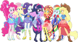 Size: 1530x835 | Tagged: safe, edit, edited screencap, editor:pascalmulokozi2, screencap, applejack, fluttershy, pinkie pie, rainbow dash, rarity, sci-twi, sunset shimmer, twilight sparkle, human, equestria girls, equestria girls specials, g4, my little pony equestria girls: better together, my little pony equestria girls: forgotten friendship, background removed, bare shoulders, humane five, humane seven, humane six, not a vector, simple background, sleeveless, transparent background