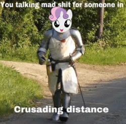 Size: 1170x1150 | Tagged: safe, artist:taidanastrike, edit, sweetie belle, human, pony, unicorn, anthro, g4, my little pony: friendship is magic, armor, crusader, fantasy class, female, filly, foal, horn, irl, knight, meme, outdoors, paladin, photo, sword, warrior, weapon