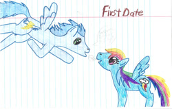 Size: 749x476 | Tagged: safe, artist:lutetheatcher, rainbow dash, soarin', pegasus, pony, g4, duo, duo male and female, female, male, mare, ship:soarindash, shipping, stallion, straight, traditional art